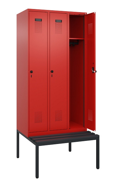C+P Spind Evolo PLUS, 3 Abteile, 2120x900x815mm, 3020/3020, Haken 3, Drehriegel, Sitzfläche Kunststoff, Sitzbank, 0490507-30 S10079