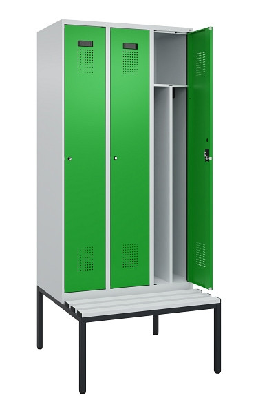 C+P Spind Evolo PLUS, 3 Abteile, 2120x900x815mm, 7035/6037, Haken 4, Zylinderschloss, Sitzfläche Kunststoff, Sitzbank, 0490507-30F S10092