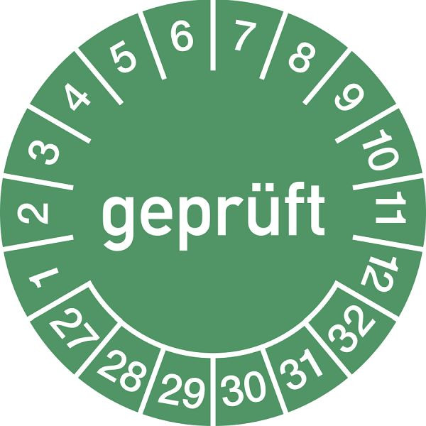 Moedel Prüfplakette geprüft 2027 - 2032, Folie, Ø 15 mm, VE: 10 Stück/Bogen, 108230