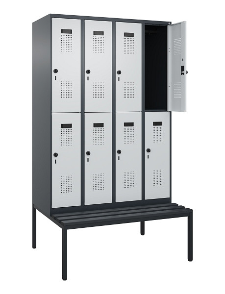 C+P Doppelstock-Spind Evolo PLUS, Bank, 8 Fächer, 2120x1200x815mm, 7016/7035, Drehriegel, Sitzfläche Kunststoff, Sitzbank, 0493507-40 S10098