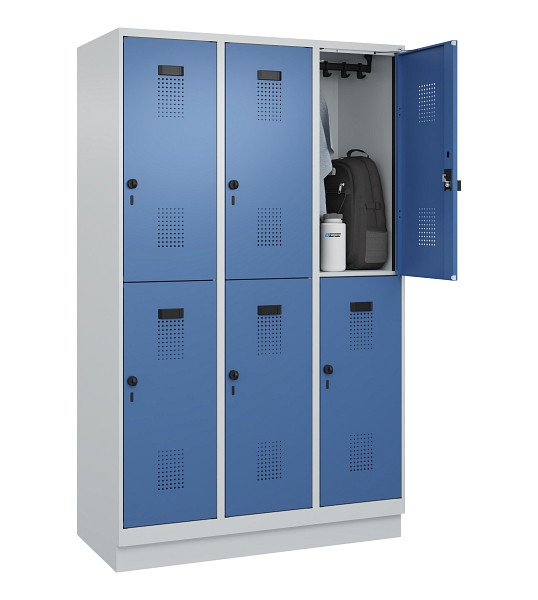 C+P Doppelstöckiger Spind Evolo PLUS, mit Sockel, 6 Fächer, 1950x1200x500mm, 703, Frontfarbe RAL 5023 Fernblau, Drehriegel, 049320-32 S10008