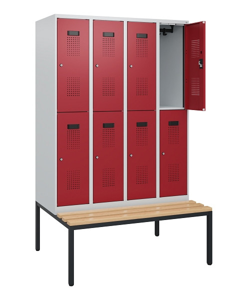 C+P Doppelstöckiger Spind Evolo PLUS, Bank, 8 Fächer, 1950x1200x815mm, 7035/3003, Zylinderschloss, Sitzfläche Buche-Hartholz, Sitzbank, 0493505-40 S10026
