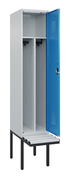 C+P Spind Evolo PLUS, 1 Abteile, 2120x400x815mm, 7035/5012, Haken 4, Zylinderschloss, Sitzfläche Kunststoff, Trennwand, 0490407-12F S10088