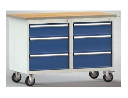 KLW Fahrbahre Profi-Werkbank 1200x700x840 mm, Buchen-Multiplexplatte 30mm (2 x 3 Schubladen), WP834N-1200M30-E7053