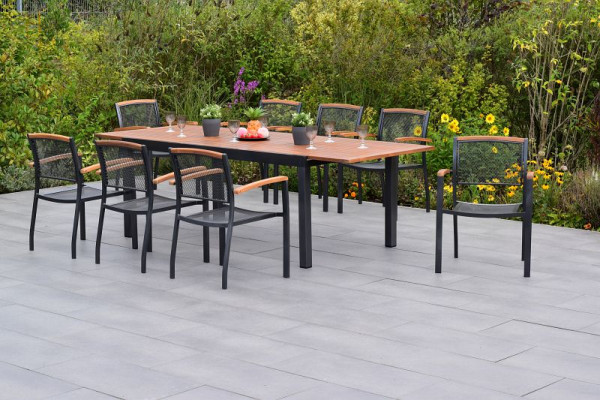 Merxx Tilos Set 9-teilig, 8 Tilos Stapelsessel, 1 Ausziehtisch 180 (250) x 100 cm, Tischplatte aus Akazienholz, Aluminium mit FSC Akazienholz, 50798-217