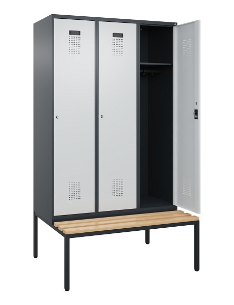 C+P Spind Evolo PLUS, 3 Abteile, 2120x1200x815mm, 7016/7035, Haken 4, Zylinderschloss, Sitzfläche Buche-Hartholz, Sitzbank, 0490507-32 S10044