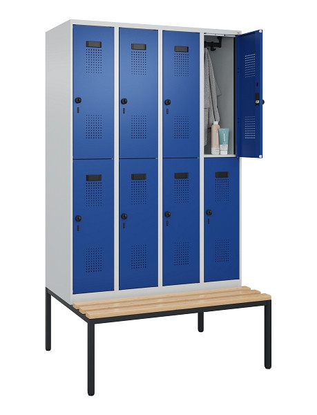 C+P Doppelstock-Spind Evolo PLUS, Bank, 8 Fächer, 2120x1200x815mm, 7035/5010, Drehriegel, Sitzfläche Buche-Hartholz, Sitzbank, 0493507-40 S10006