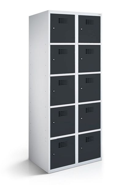 KEMMLIT Schließfachschrank mit 2 Abteilen und 10 Türen 40cm mit geschlossenem Sockel, Anthrazitgrau 7016, Zylinderschloss, 100700