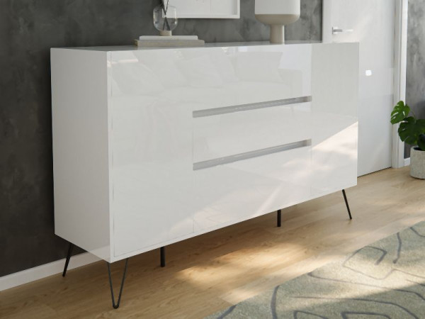 Posseik Sideboard Industrial O 155cm 3 Schubladen 2 Türen Weiß hochglanz, PN2092X0000002DE