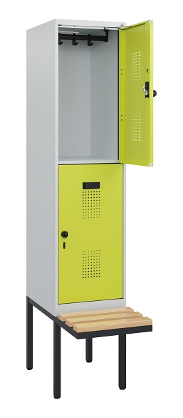 C+P Doppelstock-Spind Evolo PLUS, Bank, 2 Fächer, 1950x400x815mm, 7035/0024, Drehriegel, Sitzfläche Buche-Hartholz, 0493405-12 S10015