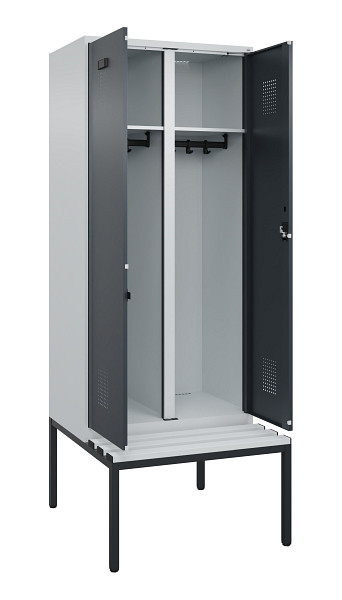 C+P Schwarz-Weiß-Spind Evolo PLUS, Bank, 2 Abteile, 2120x800x815mm, 7035/7016, Zylinderschloss, Sitzfläche Kunststoff, Sitzbank, 0490527-22 S10093