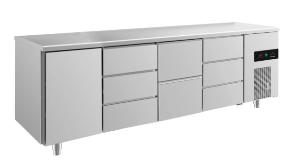 A&S Polarny Kühltisch -2 bis +8°C mit 1x Tür links, 1x zwei Schubladen mittig-rechts und 2x drei Schubladen, 2330 x 700 x 850 mm, KT4TDZD