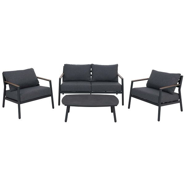 Mendler Aluminium Gartengarnitur HWC-P79, Lounge-Set Sitzgruppe Sofa Gartenlounge, Stoff/Textil Olefin 210g/m², dunkelgrau, 134344+134345+134346+120337