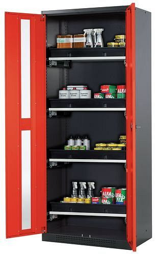 asecos Chemikalienschrank Systema-T CS-84G, Korpus anthrazit, Flügeltüren rot, 4 Tablarauszüge, 208929