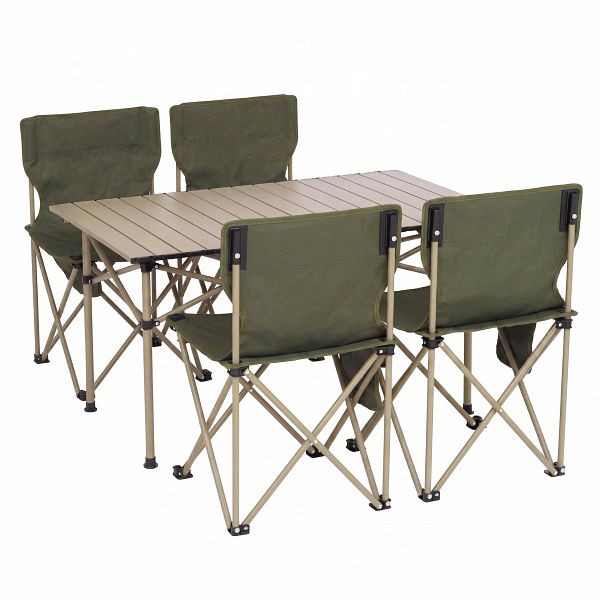 Mendler Campingset HWC-Q39, Tisch 4x Stuhl Klappstuhl Anglerstuhl faltbar, Metall Stoff, grün, 106798