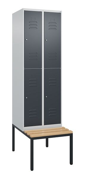 C+P Doppelstöckiger Spind Classic PLUS, 2 Abteile, 2120x600x815mm, 7035/7016, Zylinderschlösser, Buche-Sitzleisten, Sitzbank, 0803507-20 S10098