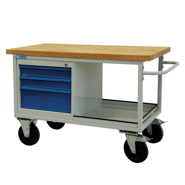 ADB Mobile Werkbank "Typ Tischwagen" 3 Schubladen + Ablageboden, 840x1300x600 mm, Tischwagen: lichtgrau, RAL 7035, Schubladen: Lichtblau (RAL 5012), 42745