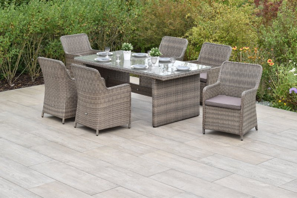 Merxx Riviera Set 13-teilig, 6 Riviera Sessel inkl. Sitzkissen, 1 Tisch 200 x 100 cm, aufliegende Glasplatte, naturgrau, 28362-253