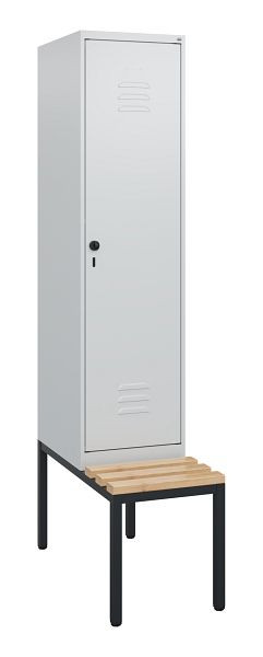 C+P Umkleidespind Classic PLUS, mit untergebauter Sitzbank, 1950x400x815mm, 7035/7035, Drehriegel, Buche-Sitzleisten, 0800505-12 S10009