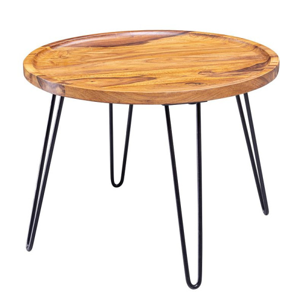 Wohnling Couchtisch Sheesham Massivholz 60x45x60 cm, Rund, mit Haarnadelbeine, aus Holz und Metall, WL5.960