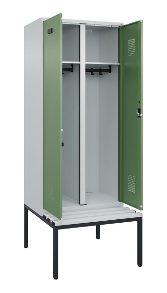 C+P Schwarz-Weiß-Spind Evolo PLUS, Bank, 2 Abteile, 2120x800x815mm, 7035/6011, Zylinderschloss, Sitzfläche Kunststoff, Sitzbank, 0490527-22 S10091