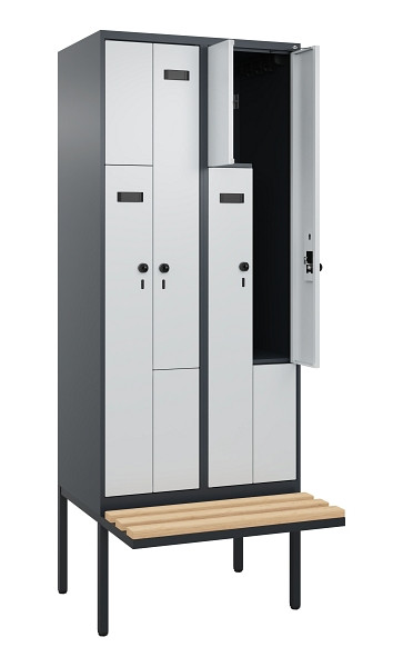 C+P Z-Spind Evolo PLUS, Bank, 4 Fächer, 2120x800x815mm, 7016/7035, Drehriegel, Sitzfläche Holz, 0490437-224 S10014