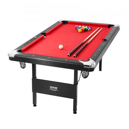 VEVOR Billardtisch, 1,9 m Billardtisch, Tragbarer & Klappbarer Tisch, inkl, Bällen, Queues, Kreide, Schwarz mit Rotem Tuch, ZDTTQZHHRZBCYJ11EV0