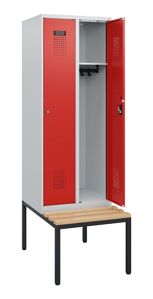 C+P Spind Evolo PLUS, 2 Abteile, 1950x600x815mm, 7035/3020, Zylinderschloss, Sitzfläche Holz, Sitzbank, 0490505-20 S10028