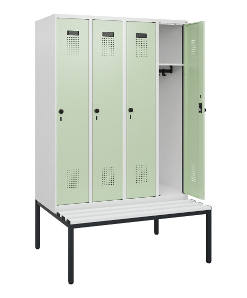 C+P Spind Evolo PLUS, 4 Abteile, 1950x1200x815mm, 9016/6019, Drehriegel, Sitzfläche Kunststoff, Sitzbank, 0490505-40 S10073
