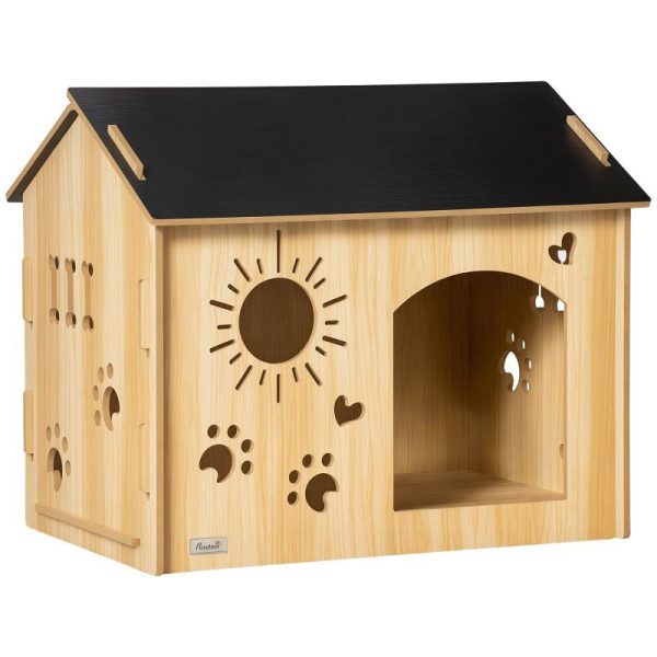 PawHut Hundehütte, mit Lüftungsöffnungen, wetterfest, Holzmaterial, Schwarz+Holzfarbe, 69 x 50 x 58,5 cm, D04-247V00AK