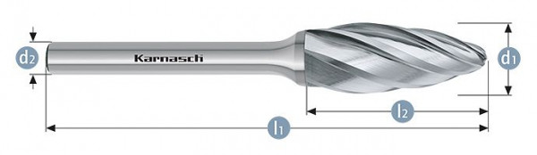 Karnasch Hartmetall-Frässtift unbeschichtet Flamme/ HP-7 d1=12 / l2=32/ d2=6/ l1=77mm, 113075025