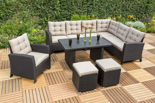 Merxx Salerno Eckbank Dinning Set, 1 Eckbank mit Sitz- und Rückenkissen, 1 Sessel, 2 Hocker, 40 x 40 x 43 cm, 1 Tisch 120 x 70 cm, braun/beige, 50467-210