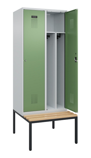 C+P Spind Evolo PLUS, 2 Abteile, 2120x800x815mm, 7035/6011, Haken 4, Zylinderschloss, Sitzfläche Buche-Hartholz, Sitzbank, Trennwand, 0490507-22F S10037