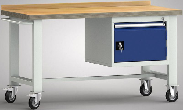 KLW Fahrbare Profi-Werkbank 1500 x 700 x 845 mm L x B x H, mit Buchen-Multiplexplatte 1500 x 700 x 45 mm, mit Rückbrett, WP812N-1500M45-E7024