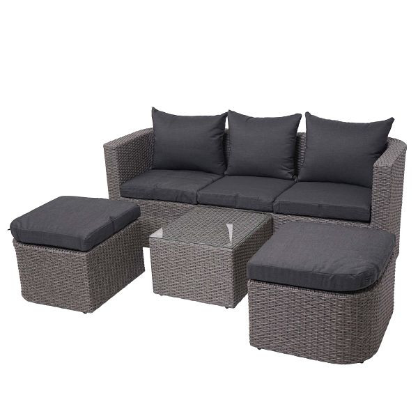 Mendler 3in1-Garnitur HWC-J37, Garten-/Lounge-Set Sonneninsel, Spun Poly halbrundes Poly-Rattan, grau, Kissen anthrazit, 77297