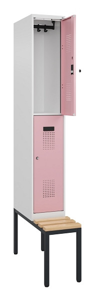 C+P Doppelstock-Spind Evolo PLUS, Bank, 2 Fächer, 2120x300x815mm, 9016/3015, Zylinderschloss, Sitzfläche Buche-Hartholz, Sitzbank, 0493507-10 S10045