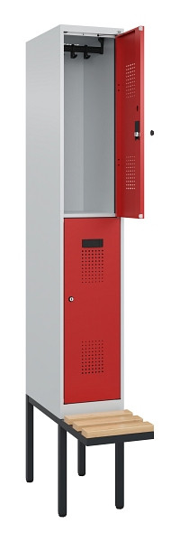 C+P Doppelstock-Spind Evolo PLUS, Bank, 2 Fächer, 2120x300x815mm, 7035/3000, Zylinderschloss, Sitzfläche Buche-Hartholz, 0493407-10 S10030