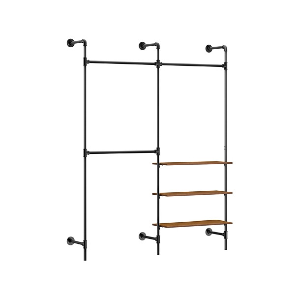 SoBuy wandmontierter Kleiderständer, festes Rohr-Kleiderregal mit 3 Kleiderstangen & 3 MDF-Ablagen, Industrial Schwarz, KLS18-SCH
