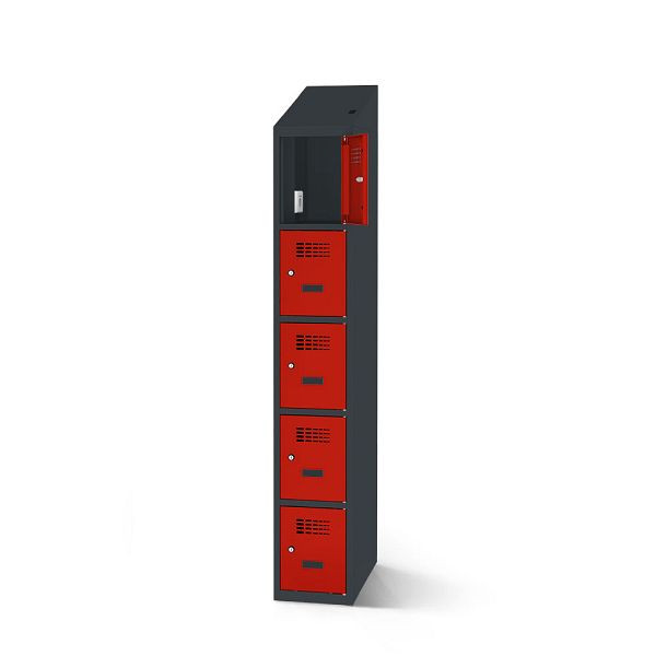 Rotstahl Fächerschrank, 5 Fächer, kurzer Sockel, mit Ladefunktion, Schrägdach, Korpus: anthrazitgrau, Türen: verkehrsrot, 2180-010500-0401112-7016-3020