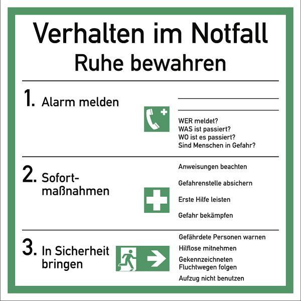 Moedel Verhalten im Notfall ISO 7010, Folie, 180x180 mm, 57291