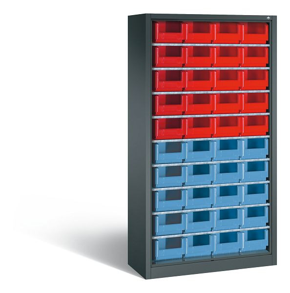 C+P Stahlregal mit Rückwand Serie 13, H1980xB1000xT420 mm, Anthrazit, 9 Einlegeböden, 40 Sichtlagerkästen, 133144-04 S10003