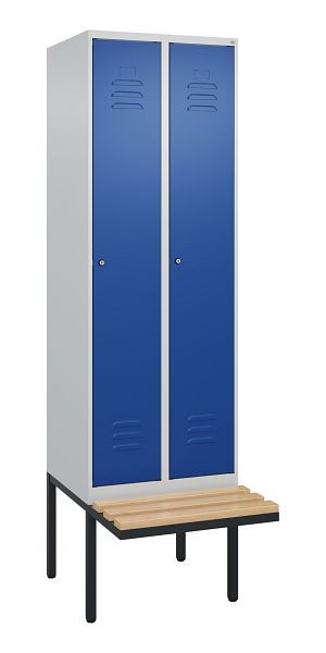 C+P Umkleidespind Classic PLUS, 2 Abteile, 2120x600x815mm, 7035/5010, Zylinderschlösser, Buche-Sitzleisten, 3 Doppel-Haken, 0800407-20 S10049