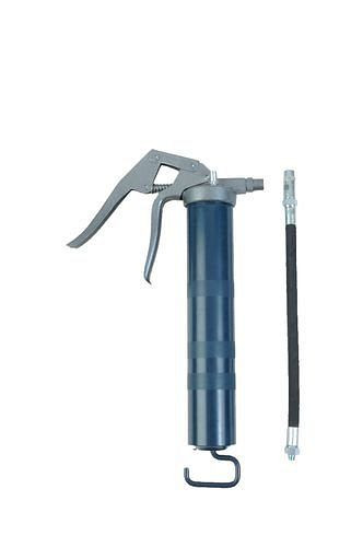 DENIOS Einhand-Fettpresse HP4-G, Stahl, für 400 g Patronen, mit 4-Backen-Mundstück und Gummipanzerschlauch, 207982