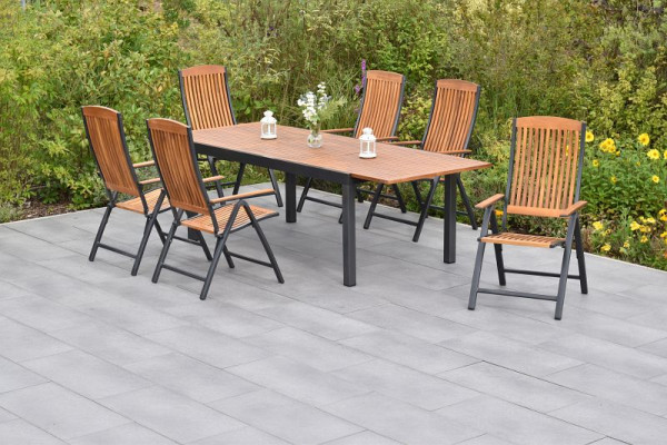 Merxx Athos Set 7-teilig, 6 Klappsessel, Rückenlehne 5-fach verstellbar, 1 Ausziehtisch 180 (250) x 100 cm, Aluminium mit FSC Akazienholz, 50837-217