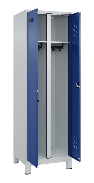 C+P Schwarz-Weiß-Spind Evolo PLUS, mit Füßen, 2 Abteile, 1950x600x500mm, 7035/5, Frontfarbe RAL 5010 Enzianblau, Zylinderschloss, 049012-20 S10033