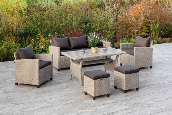 Merxx Striano Set, 1 dreisitzige Bank inkl. Kissen, 2 Sessel inkl. Kissen, 2 Hocker inkl. Kissen, 1 Tisch, Stahlgestell mit Kunststoffgeflecht, 28475-279