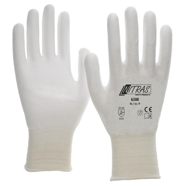 NITRAS Schnittschutzhandschuhe, weiß, PU-Beschichtung, teilbeschichtet auf Innenhand und Fingerkuppen, weiß, Größe: 6, VE: 100 Paar, 6300-6
