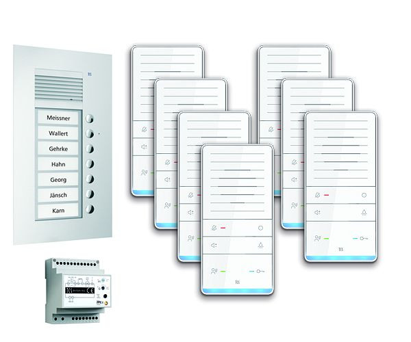 TCS Türkontrollsystem audio:pack UP für 7 Wohneinheiten, mit Außenstation PUK 7 Klingeltasten, 7x Freisprecher ISW5031, Steuergerät BVS20, PAUF071/001
