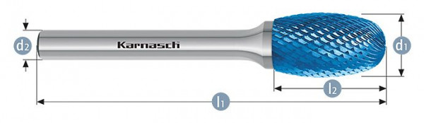 Karnasch Hartmetall-Frässtift Blue-Tec beschichtet TRE/ HP-4 d1=3 / l2=6 / d2=3 / l1=38mm, VE: 4 Stück, 115042010
