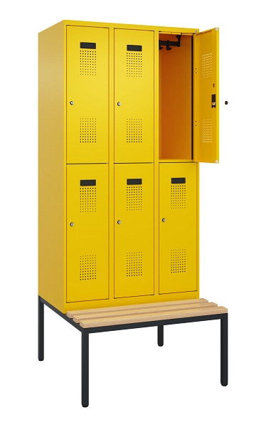 C+P Doppelstock-Spind Evolo PLUS, Bank, 6 Fächer, 2120x900x815mm, 1023/1023, Zylinderschloss, Sitzfläche Buche-Hartholz, Sitzbank, 0493507-30 S10049